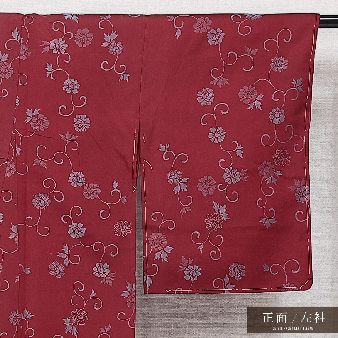 アンティーク お召 袷 身丈150cm 裄丈62cm 正絹 Aランク バチ衿 Sサイズ 唐草牡丹 赤系 RP 1222-14237