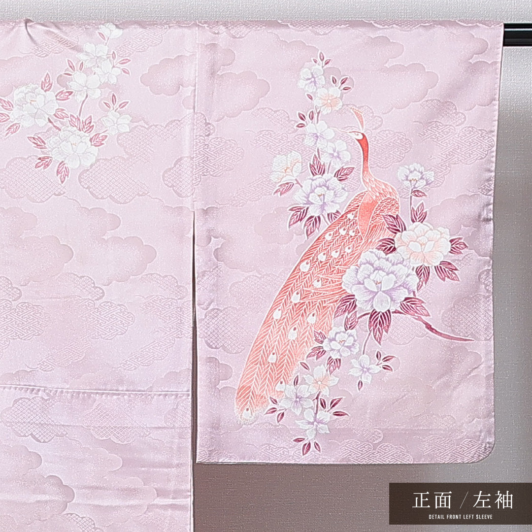 訪問着 洗える着物 袷 身丈155cm 裄丈65cm ポリエステル Cランク Mサイズ 広衿 セミフォーマル 孔雀 梅 紫系 1212-14989