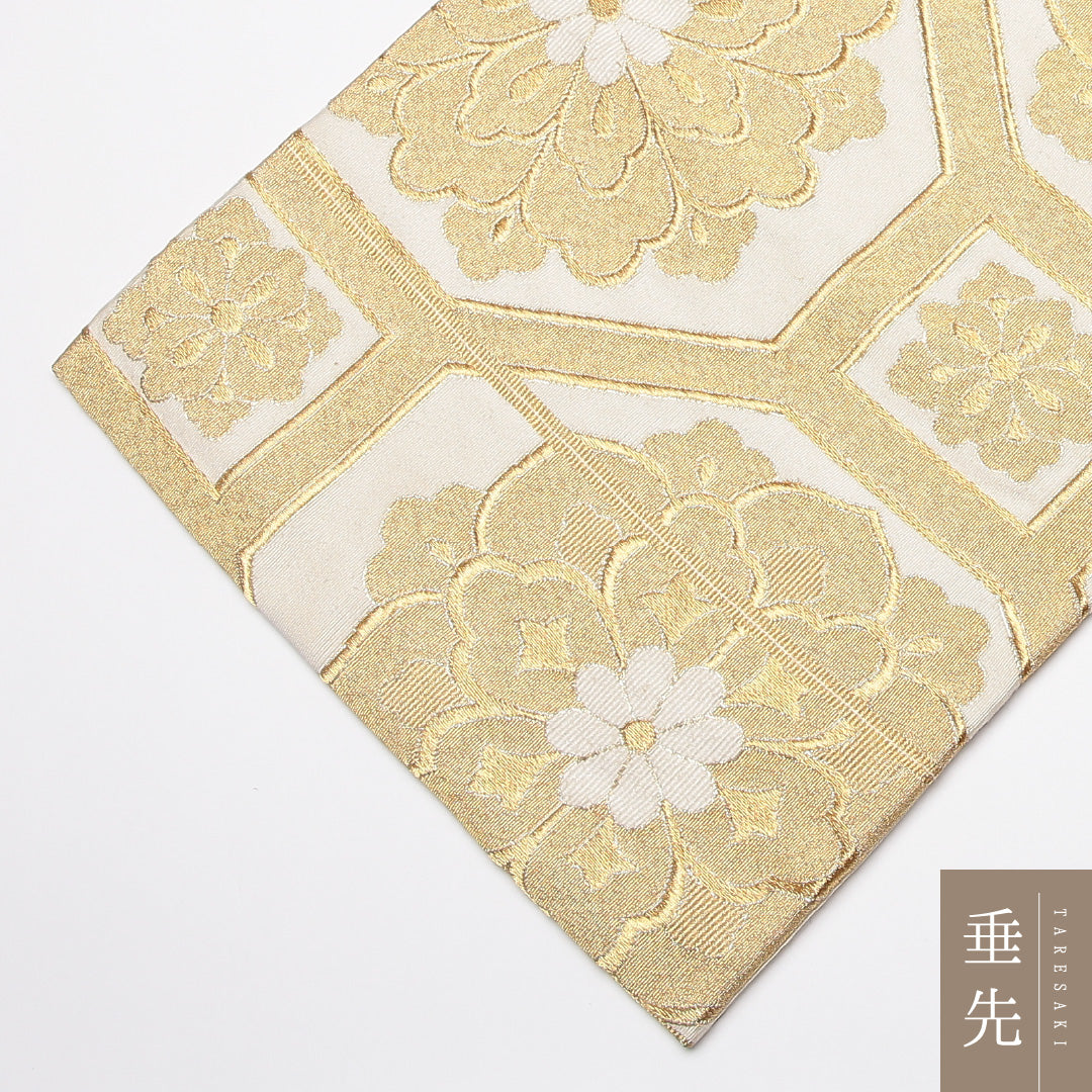 袋帯 帯丈432cm 正絹 六通 フォーマル 蜀江 宝相華 金系 白系 1243-01218