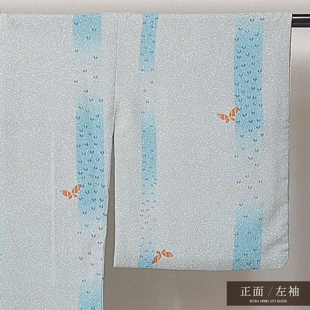 洗える着物 小紋 袷 身丈166cm 裄丈61cm ポリエステル Bランク インフォーマル 広衿 XLサイズ 蝶 グレー系 RP 1221-14919