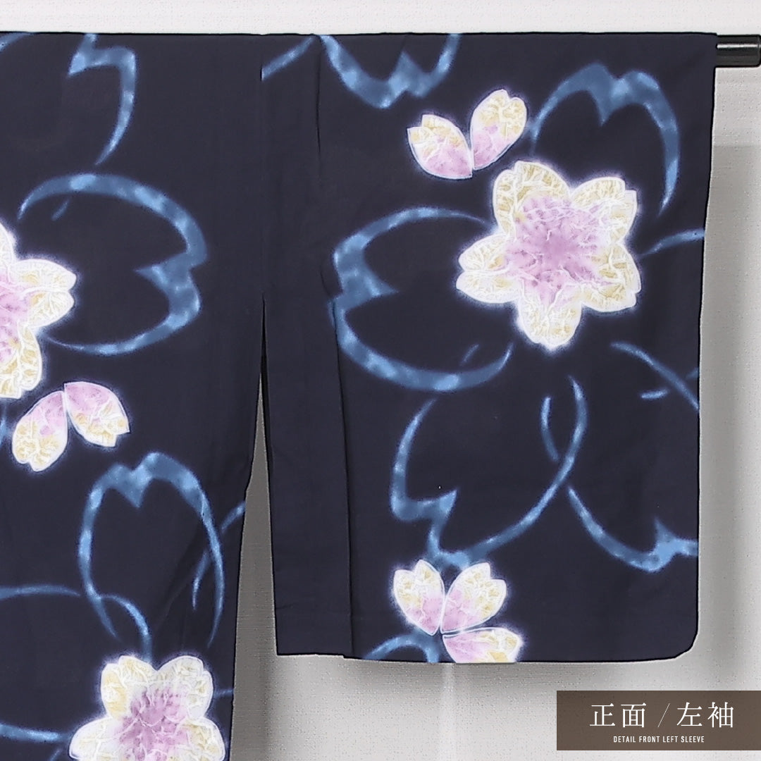 夏物 洗える着物 浴衣 夏物 身丈165cm 裄丈68cm ポリエステル Sランク カジュアル バチ衿 XLサイズ 肩当て 桜 紺系 RP 1225-12449