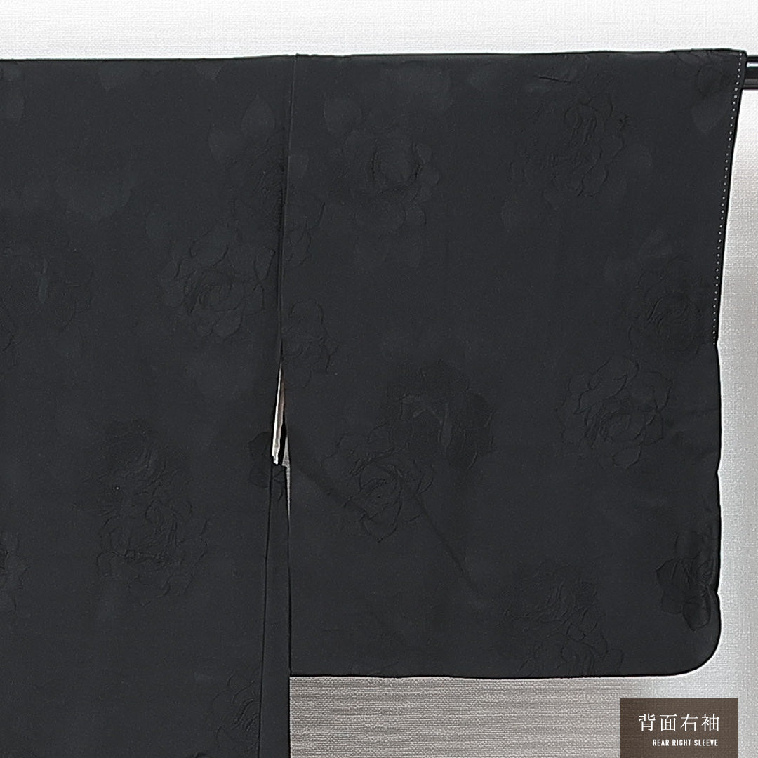 黒羽織 袷 身丈73cm 裄丈64cm 正絹 Aランク 一つ紋 (五三桐) 紋意匠 (薔薇) セミフォーマル Mサイズ 紐あり 黒系 RP 1233-14748