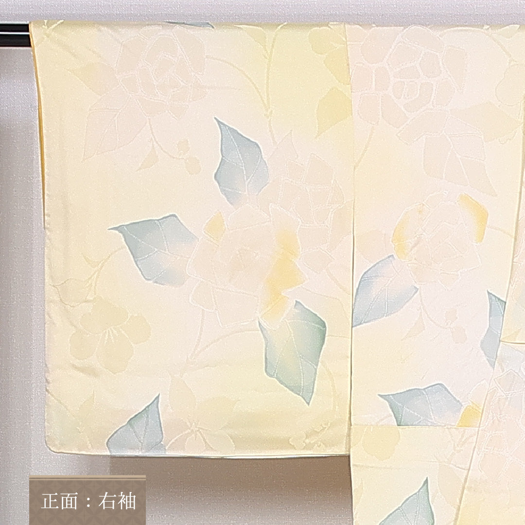小紋 袷 身丈155cm 裄丈64cm 正絹 Cランク インフォーマル 広衿 Mサイズ 花柄 黄系 GP 1221-10529