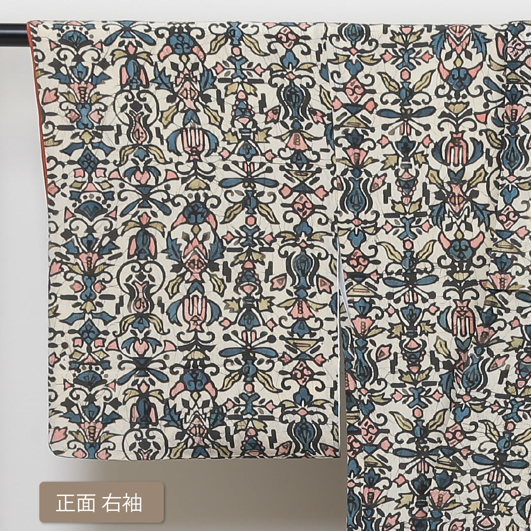 小紋 袷 身丈148cm 裄丈62cm 正絹 Aランク インフォーマル 広衿 XSサイズ 幾何学柄 白系 RP 1221-01353