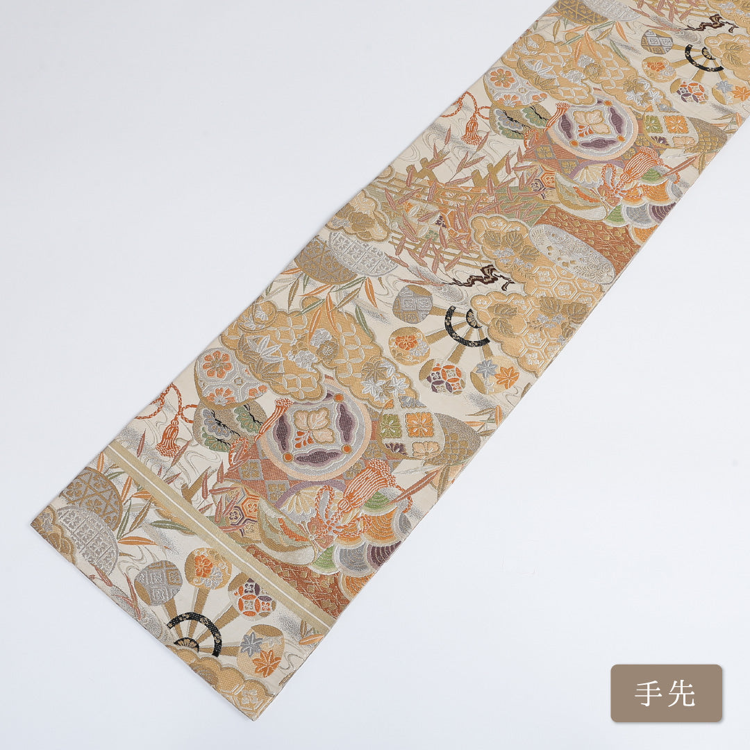 アンティーク 丸帯 帯丈394cm 全通 仕立て上がり フォーマル 唐織 Aランク 吉祥文様 金系 122300526321