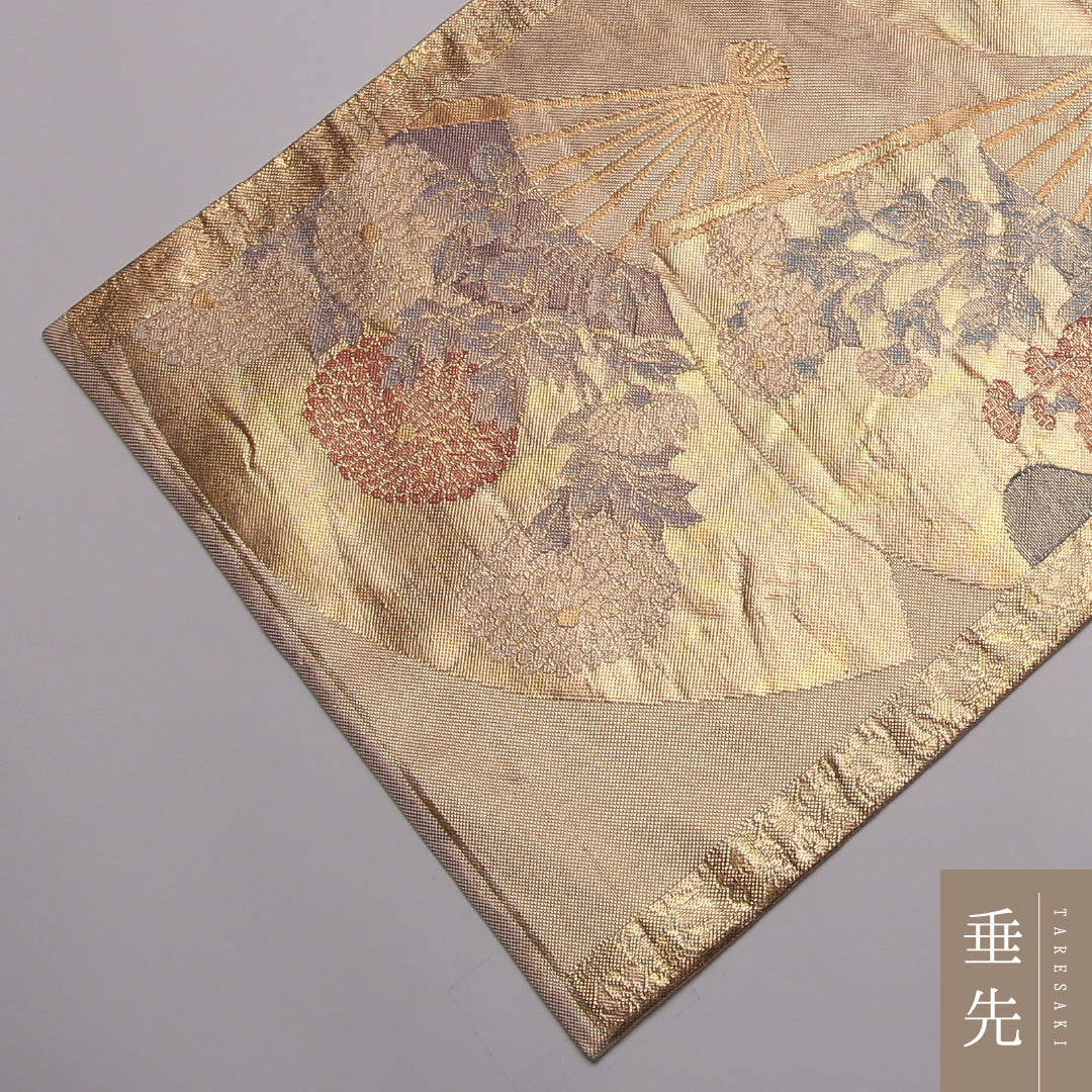 袋帯 帯丈464cm 正絹 六通 フォーマル 扇面文 吉祥文様 金系 1243-01461