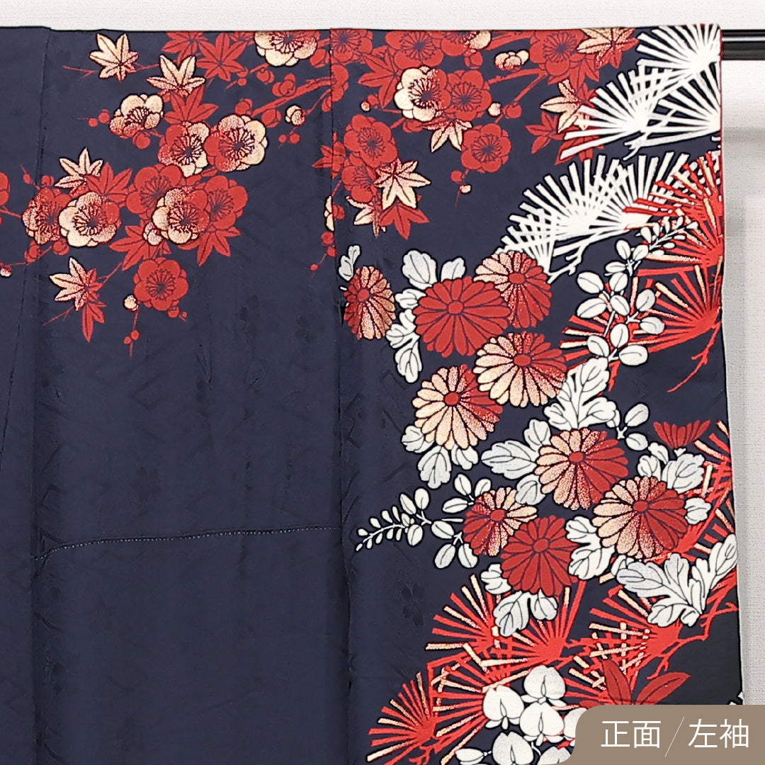 振袖 身丈177cm 裄丈64cm Sランク 正絹 袷 広衿 3XL 金彩 菊 松 フォーマル 華やか モダン 紺系 1213-F0570