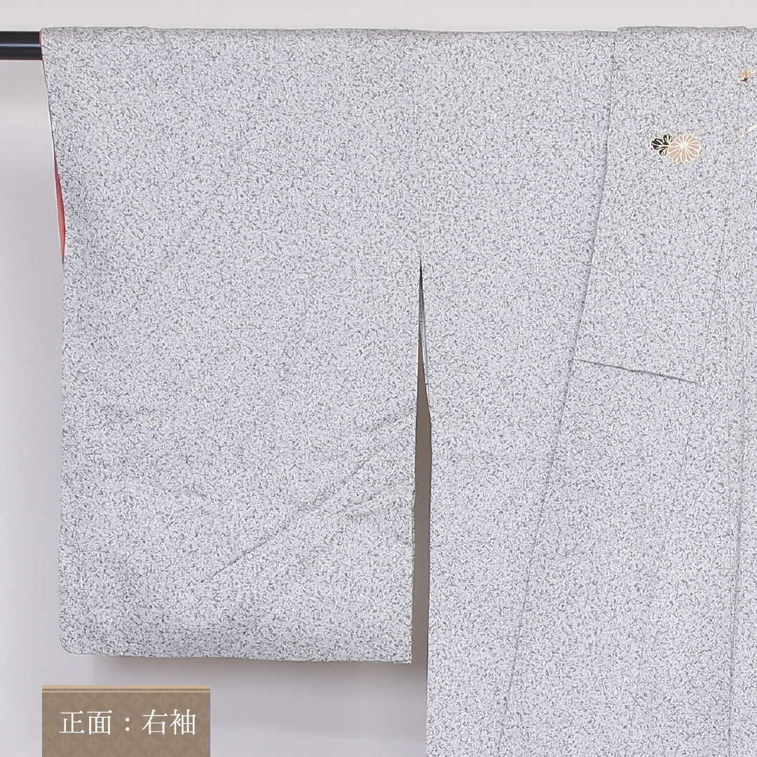 訪問着 袷 身丈159cm 裄丈64cm 正絹 Sランク セミフォーマル 広衿 Mサイズ たたき染め 金彩 桜 グレー系 RP 1217-04523