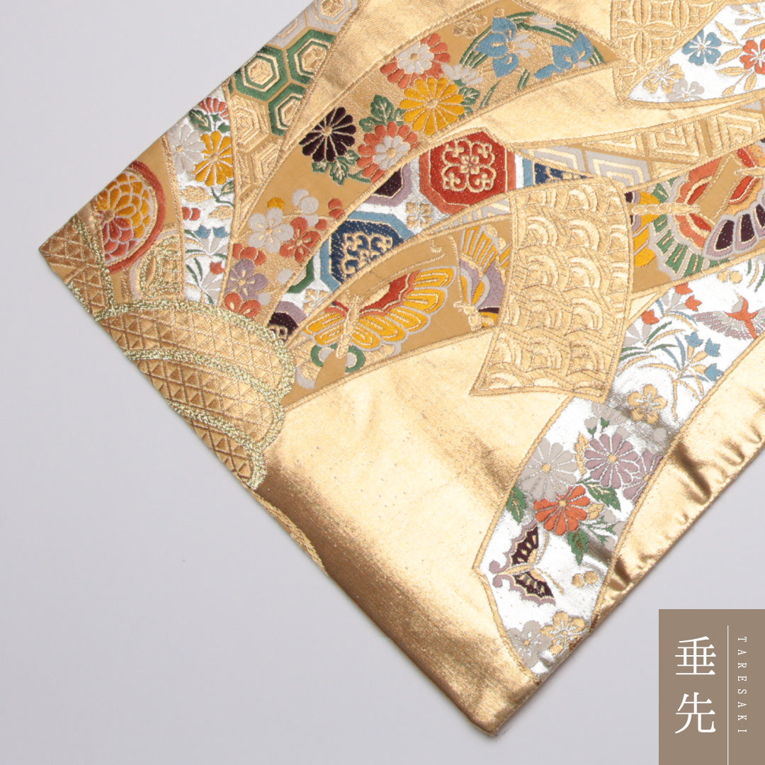 袋帯 帯丈442cm 正絹 六通 フォーマル 熨斗 古典柄 金系 1243-01115