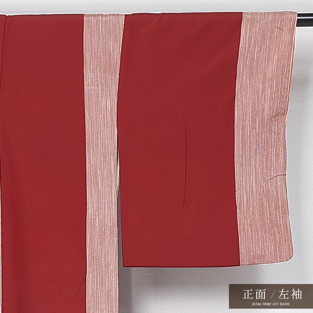 アンティーク お召 身丈147cm 裄丈65cm Dランク XS 正絹 袷 広衿 モダン 縞 赤系 1265-11955