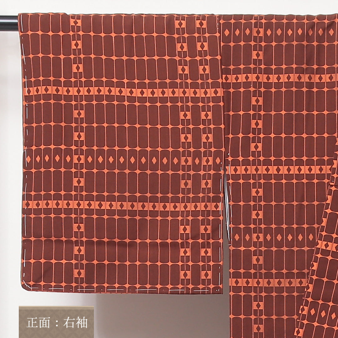 小紋 袷 身丈155cm 裄丈63cm 正絹 Bランク インフォーマル 広衿 Mサイズ 創作柄 朱系 HP 1221-02227