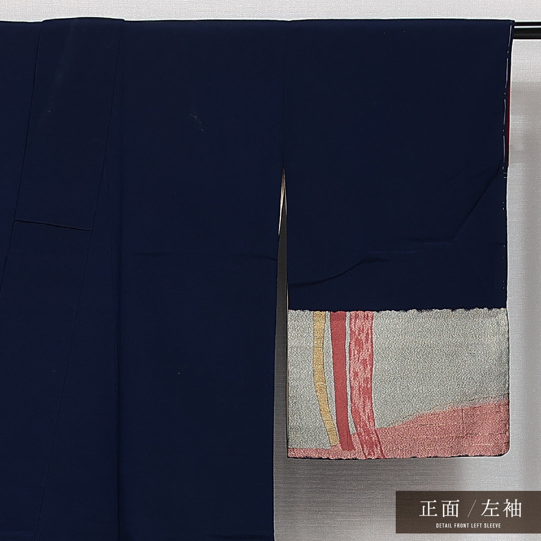 アンティーク 付下げ 袷 お召 身丈160cm 裄丈64cm Bランク 正絹 広衿 Lサイズ グラス モダン 芸術的 青系 1261-14487