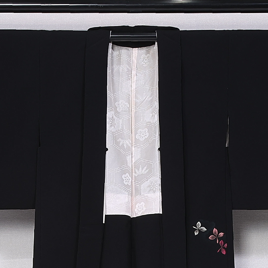 黒羽織 袷 身丈79cm 裄丈62cm 正絹 Sランク インフォーマル Sサイズ 刺繍 植物柄 黒系 RP 1233-11086