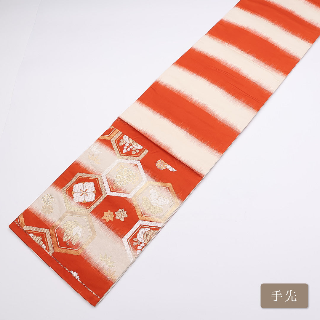 袋帯 帯丈416cm 六通 亀甲 家紋柄 揚羽蝶 五三桐 菊 花菱 フォーマル 朱系 正絹 Sランク 1223-00859