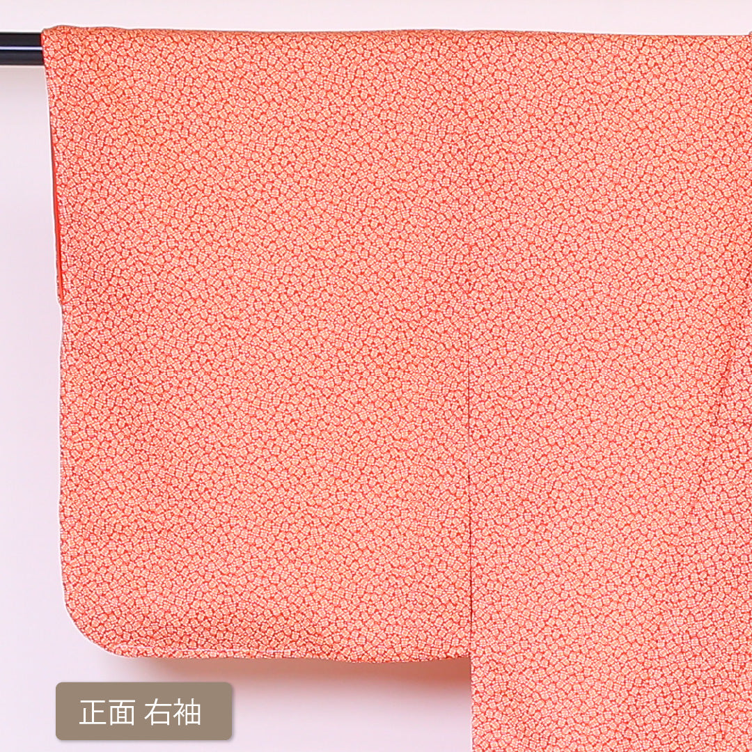 小紋 袷 身丈152cm 裄62cm 朱系 花柄 レトロ 正絹 Sランク 1215-01895-2216