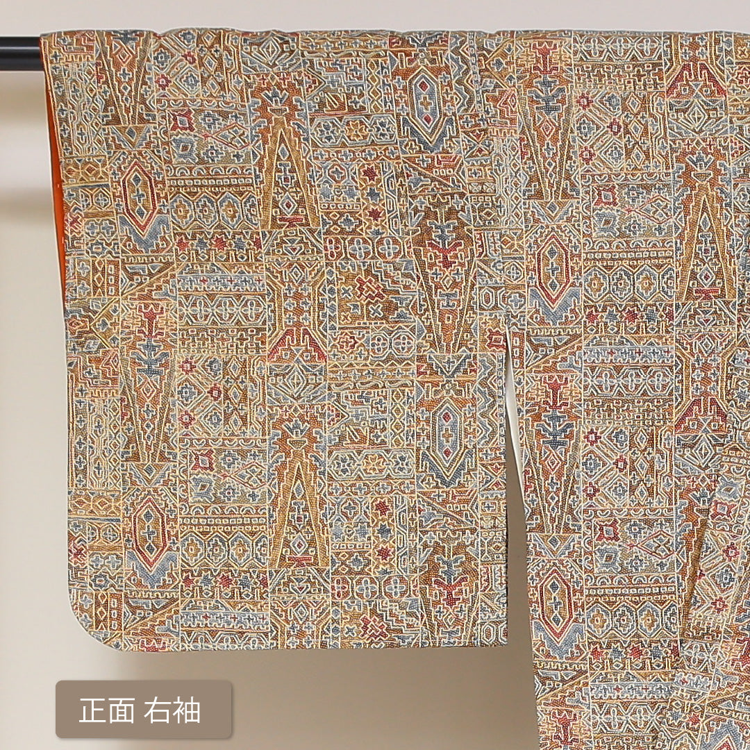 小紋 袷 身丈160cm 裄66.5cm 茶系 型染め モダン 正絹 Aランク しつけ糸 1215-01734-3414