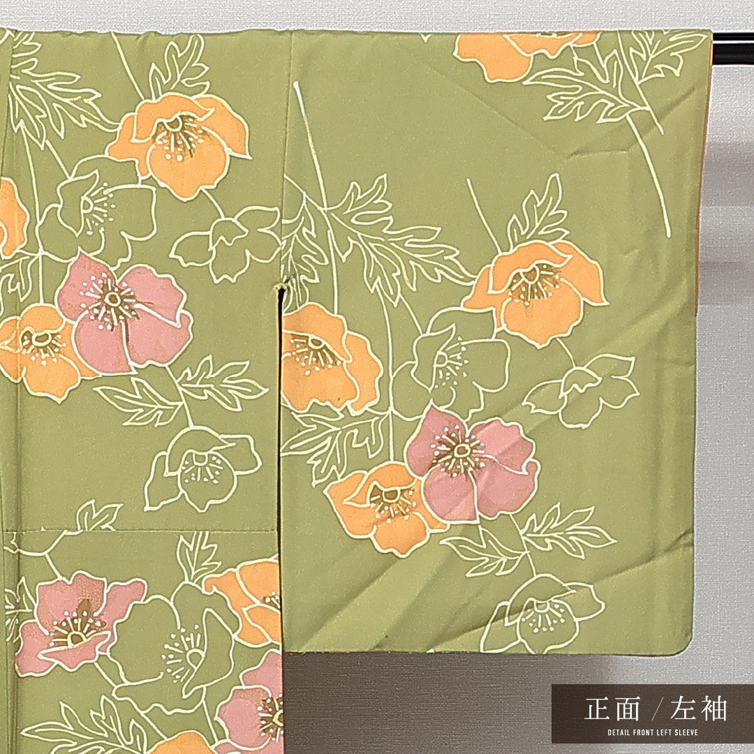 洗える着物 小紋 袷 身丈149cm 裄丈61cm ポリエステル Sランク インフォーマル 広衿 XSサイズ 花柄 緑系 RP 1221-14308
