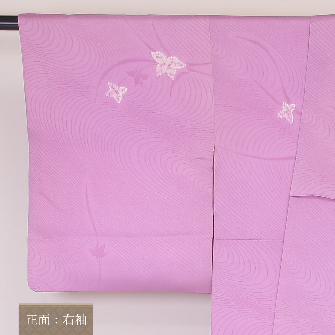 小紋 袷 身丈157cm 裄丈63cm 正絹 Aランク 紋意匠 (百合) インフォーマル 広衿 Mサイズ 花柄 ピンク系 RP 1221-02143