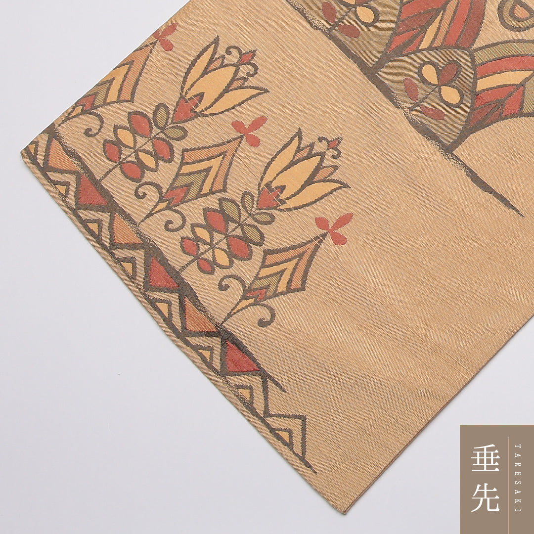 袋帯(紬) 帯丈428cm 正絹 六通 カジュアル 狩猟文 コプト文様 茶系 1243-01147