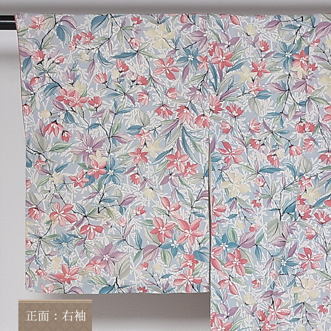 小紋 袷 身丈155cm 裄61.5cm 正絹 花柄 ボタニカル ちりめん 水色系 Aランク 1215-02447