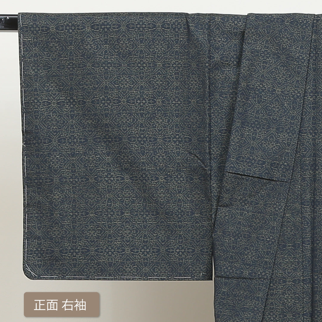 大島紬 袷 身丈151cm 裄丈62cm 正絹 Aランク インフォーマル 広衿 Sサイズ 緯総絣 花菱 緑系 RP 1223-02838