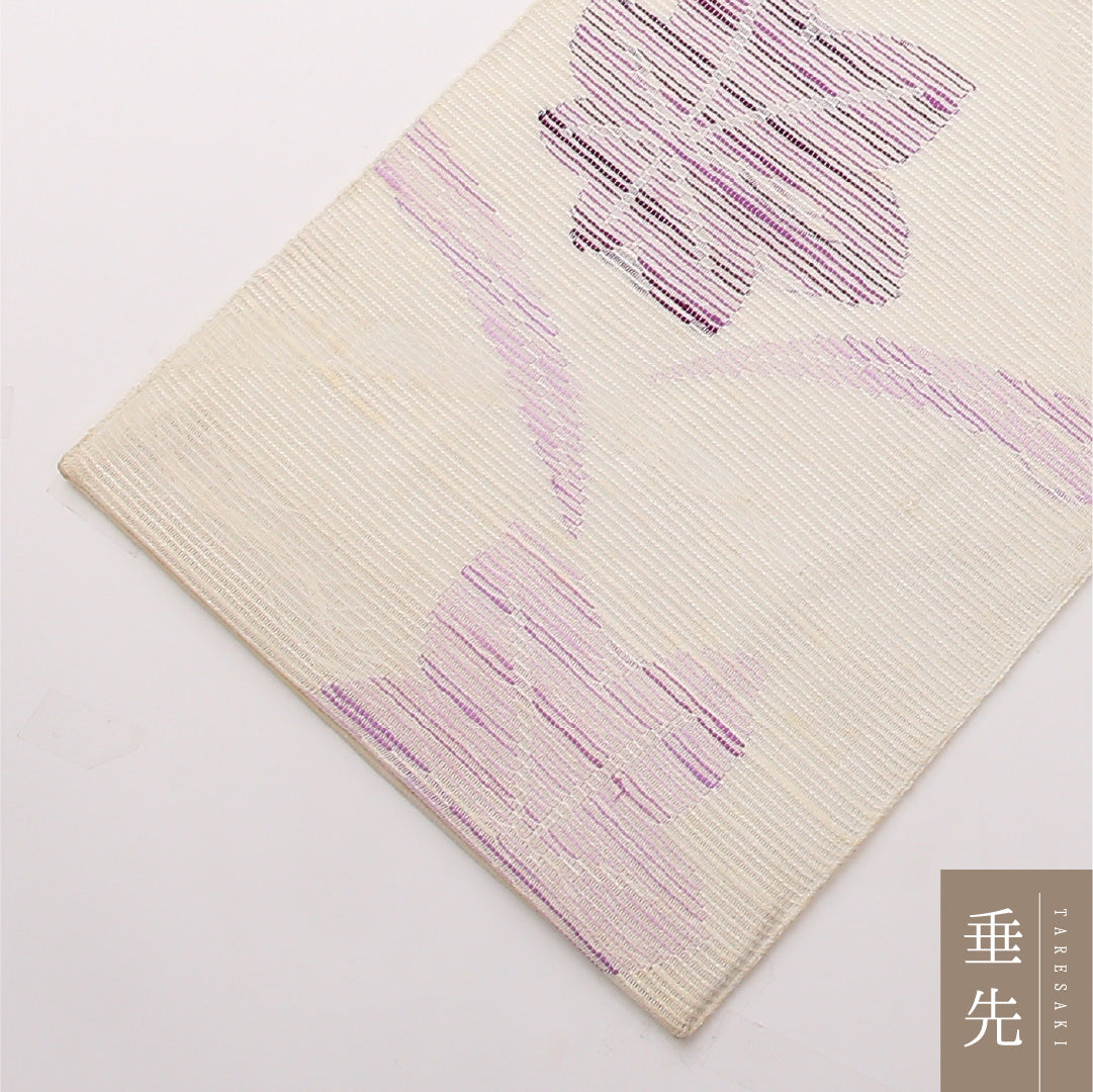 夏物 名古屋帯 六通 帯丈373cm カジュアル Cランク 正絹 絽 楓 クリーム系 1224-02296