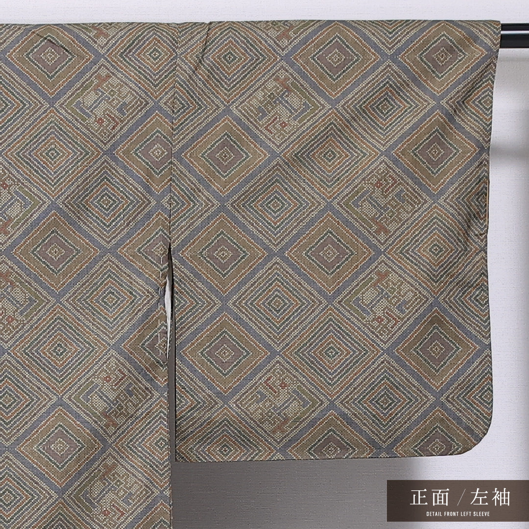 大島紬 袷 身丈156cm 裄丈62cm 正絹 Aランク インフォーマル 広衿 Mサイズ 幾何学柄 茶系 M4 1223-11612
