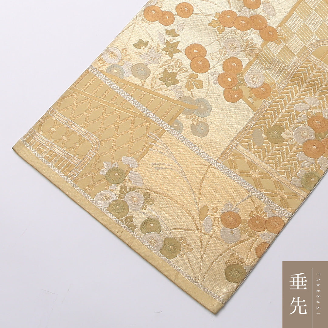 袋帯 帯丈420cm 正絹 六通 フォーマル 琳派 几帳 椿 金系 朱系 1243-01581