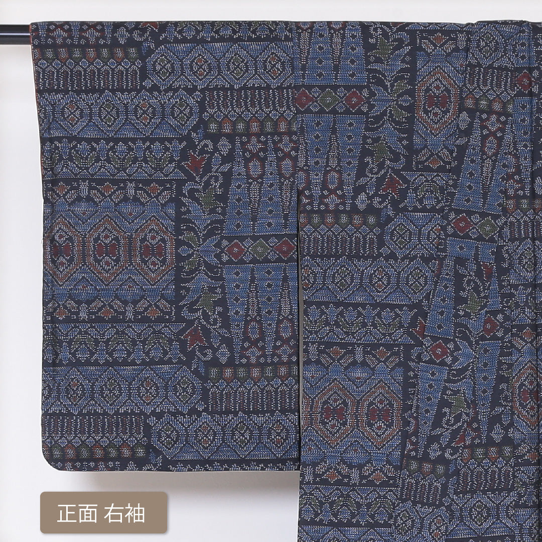 大島紬 袷 身丈160cm 裄丈64cm 正絹 Aランク インフォーマル バチ衿 Lサイズ アラベスク文様 青系 RP 1223-03221