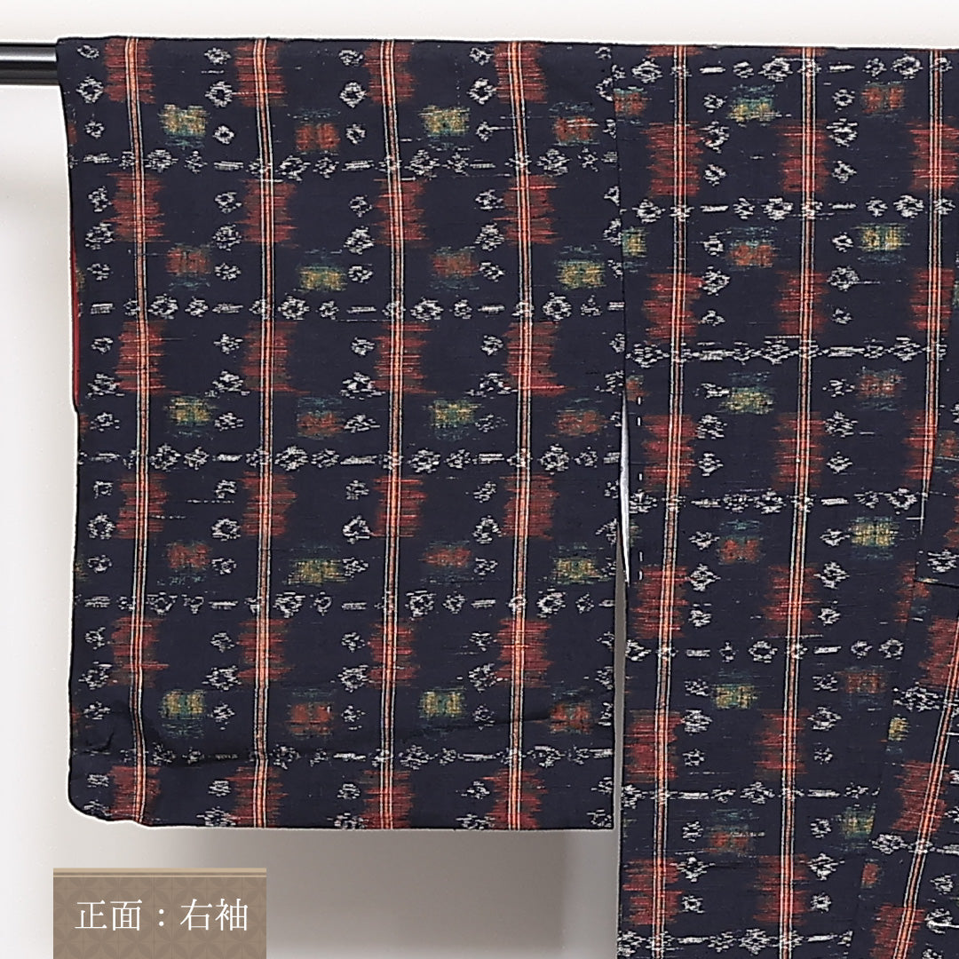 真綿紬 袷 身丈158cm 裄丈62cm 正絹 Aランク カジュアル 広衿 Mサイズ 縞 紺系 RP 1223-03830