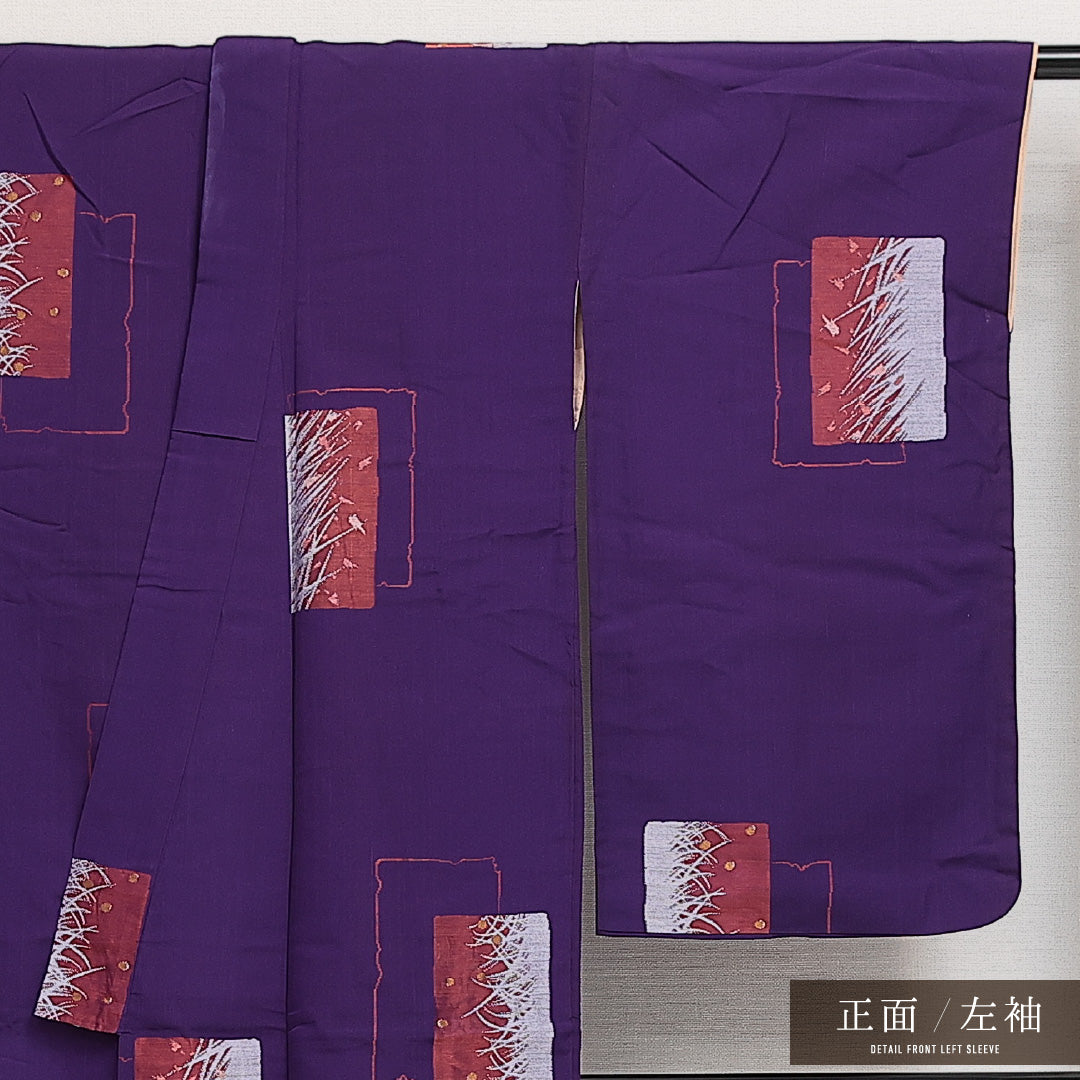 アンティーク お召 袷 身丈146cm 裄丈62cm 正絹 Aランク バチ衿 XSサイズ 植物柄 紫系 RP 1222-13988