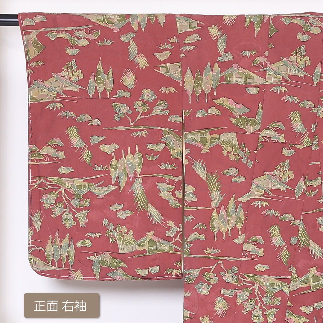 小紋 袷 身丈159cm 裄丈65cm 正絹 Aランク インフォーマル 広衿 Mサイズ 茶屋辻 赤系 RP 1221-01885