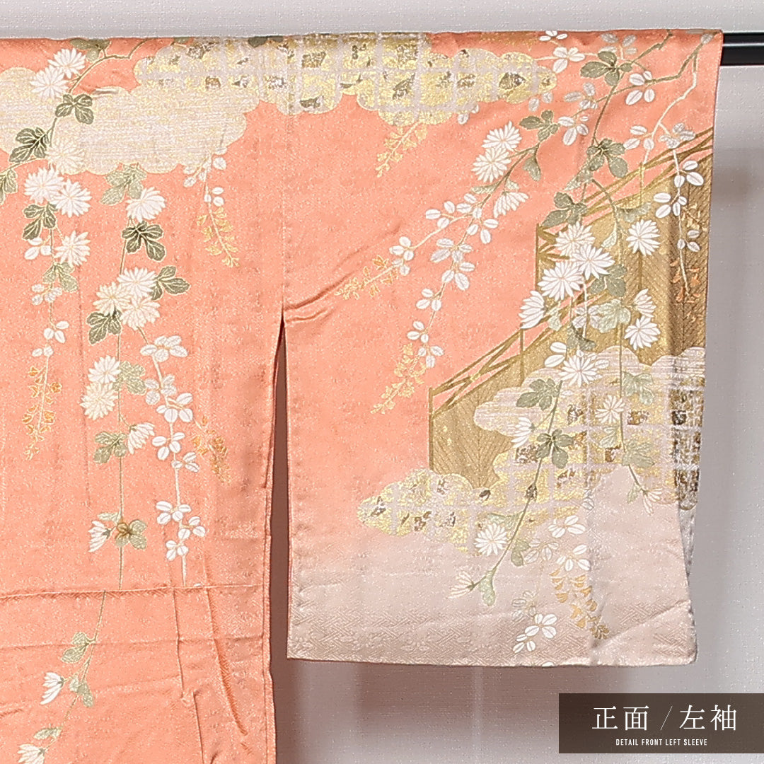 訪問着 袷 身丈163cm 裄丈64cm 正絹 Aランク セミフォーマル 広衿 Lサイズ 雲取り 菊 箔 朱系 M4 1217-12163