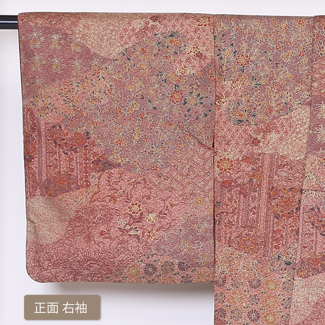小紋 (錦紗) 袷 身丈165cm 裄丈66cm 正絹 Aランク 広衿 XLサイズ 更紗 茶系 SR 1221-01910