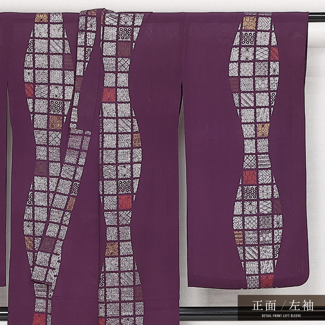 アンティーク 夏物 お召 夏物 身丈139cm 裄丈62cm 正絹 Aランク バチ衿 XSサイズ よろけ縞 紫系 RP 1222-13648