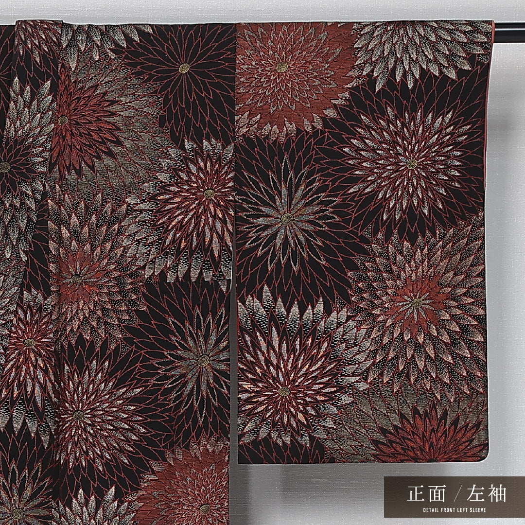 アンティーク 小紋 袷 身丈146cm 裄丈63cm 正絹 Aランク バチ衿 XSサイズ 菊 黒系 M4 1221-12036