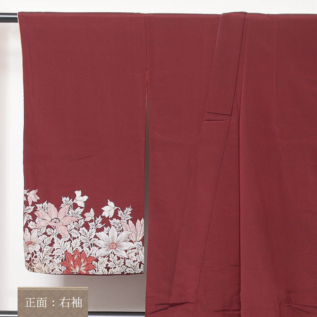 アンティーク 付下げ 袷 身丈155cm 裄丈62cm 正絹 Aランク バチ衿 Mサイズ 芙蓉 赤系 RP 1218-04578