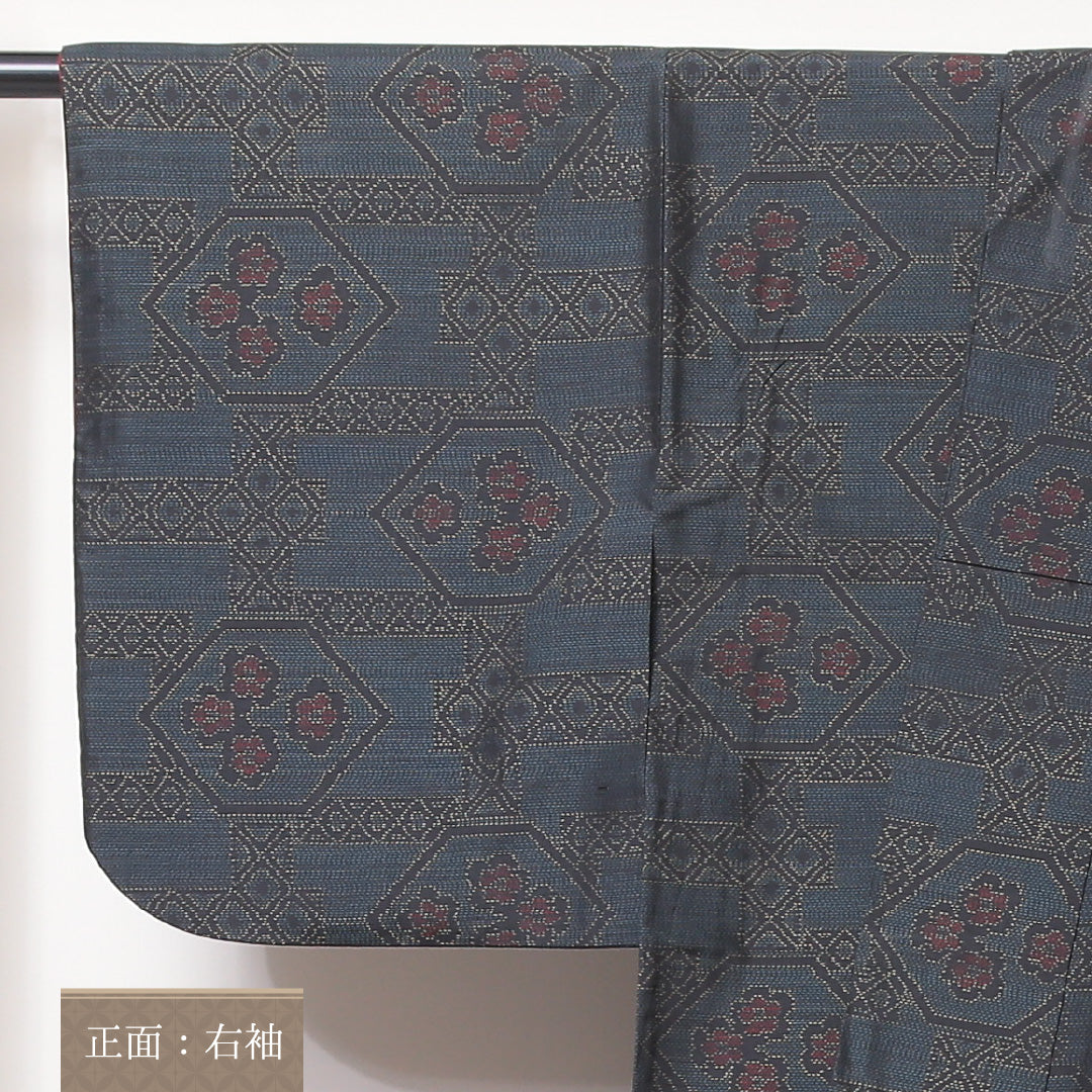 大島紬 袷 身丈160cm 裄丈62cm 正絹 Aランク インフォーマル 広衿 Lサイズ 亀甲 緑系 RP 1223-03532