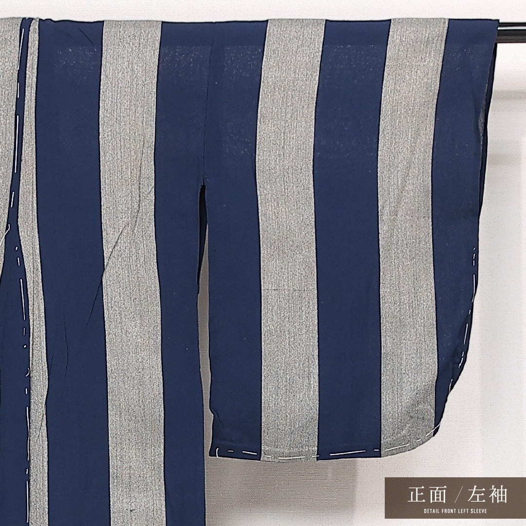 アンティーク 夏物 お召 夏物 身丈145cm 裄丈61cm 正絹 Cランク バチ衿 XSサイズ 縞 青系 RP 1222-13352