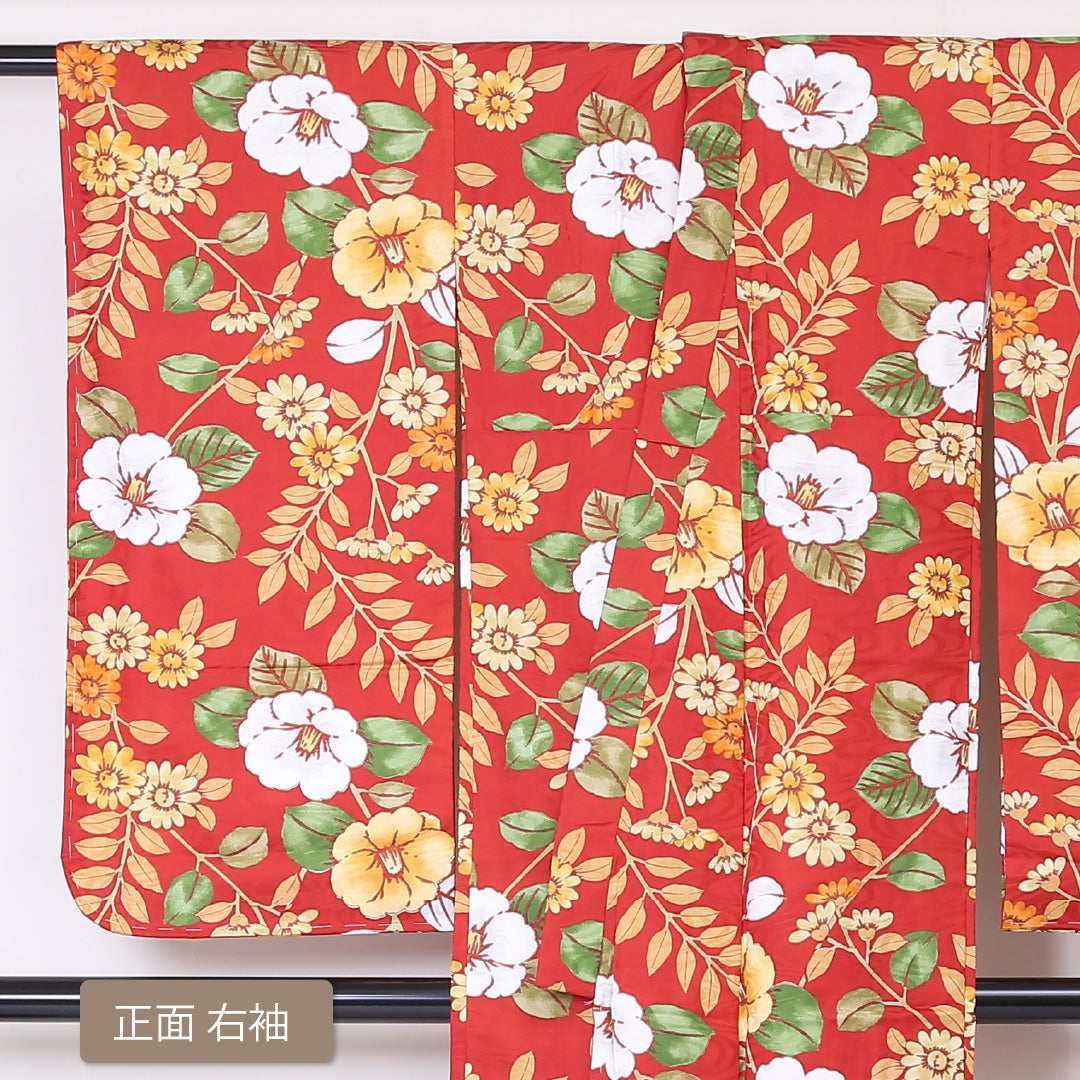 小紋 袷 身丈141cm 裄丈59cm 正絹 Sランク インフォーマル バチ衿 XSサイズ 椿 赤系 RP 1221-01967