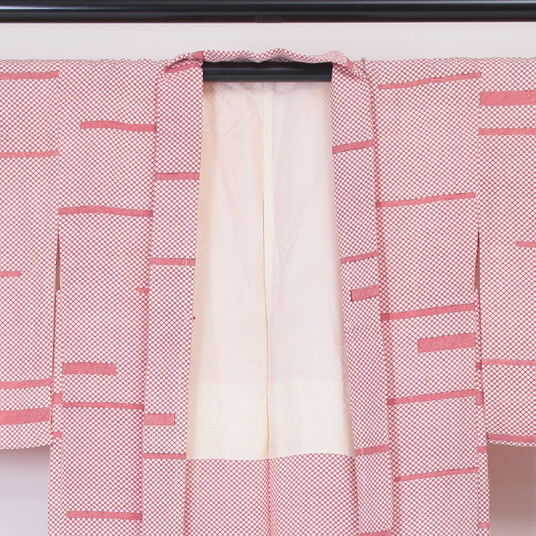 羽織 身丈72cm 裄丈62cm S 正絹 菱形 レトロ 白系 Bランク 1217-00502