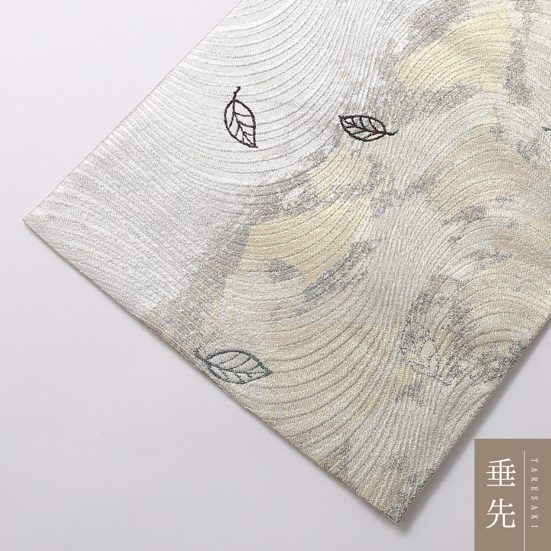 袋帯 帯丈438cm 六通 セミフォーマル Aランク 正絹 植物柄 個性的 モダン 銀系 1223-01683