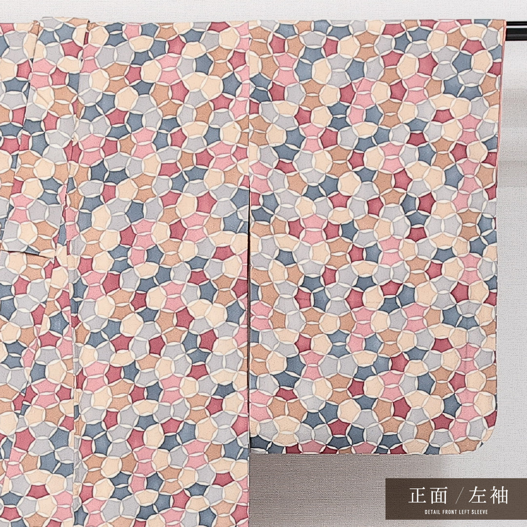 小紋 袷 身丈156cm 裄丈63cm 正絹 Aランク インフォーマル バチ衿 Mサイズ 七宝 多色系 RP 1221-14577