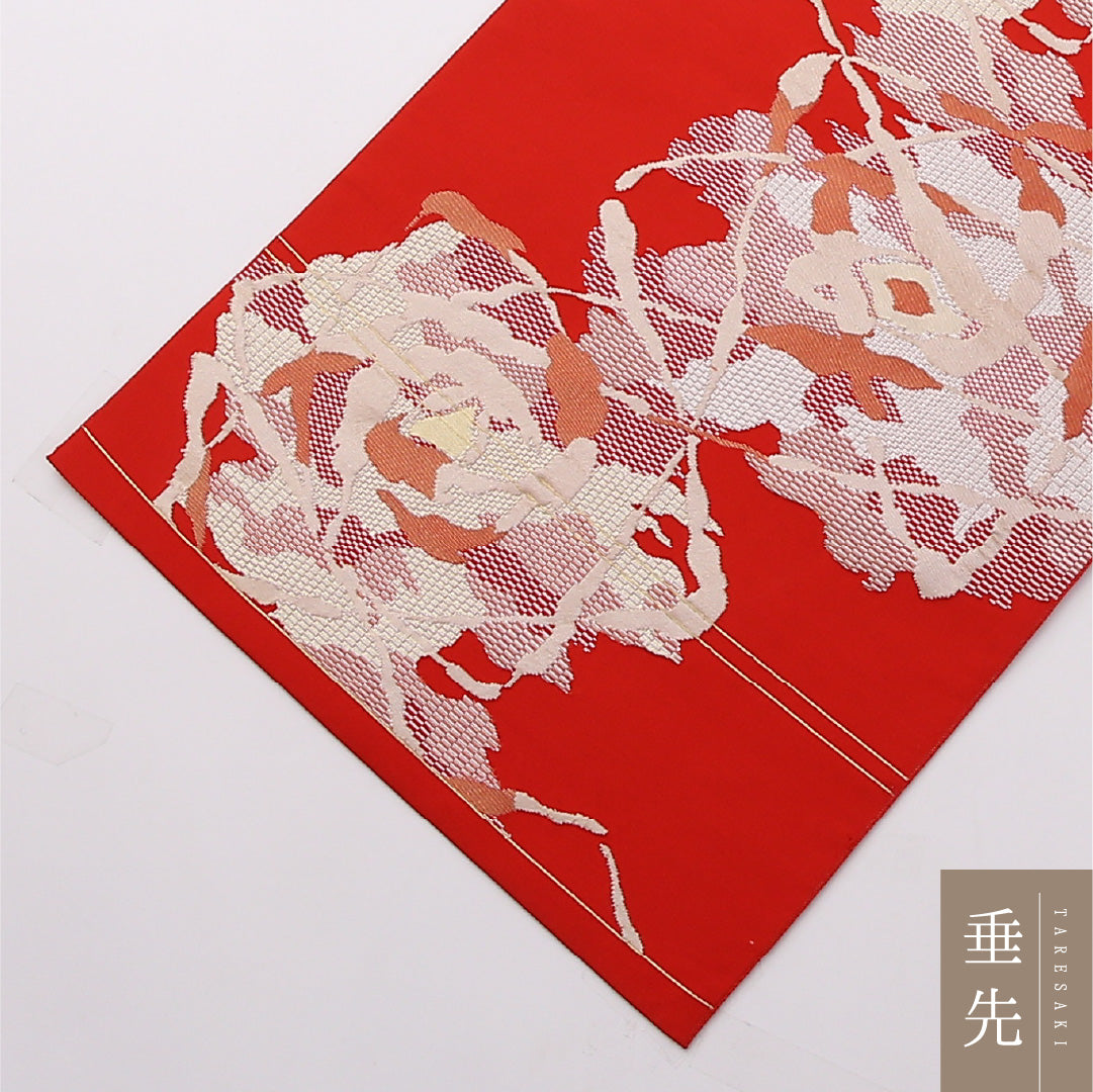 名古屋帯 六通 帯丈352cm セミフォーマル Sランク 正絹 花柄 赤系 1224-02371