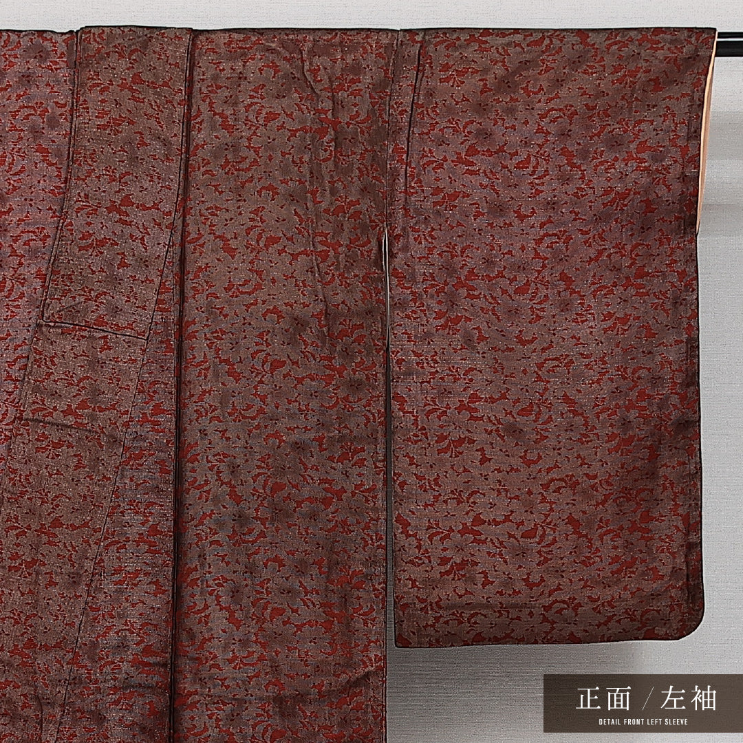 アンティーク 紬 袷 身丈156cm 裄丈60cm 正絹 Bランク 広衿 Mサイズ 花柄 赤系 HP 1223-14358