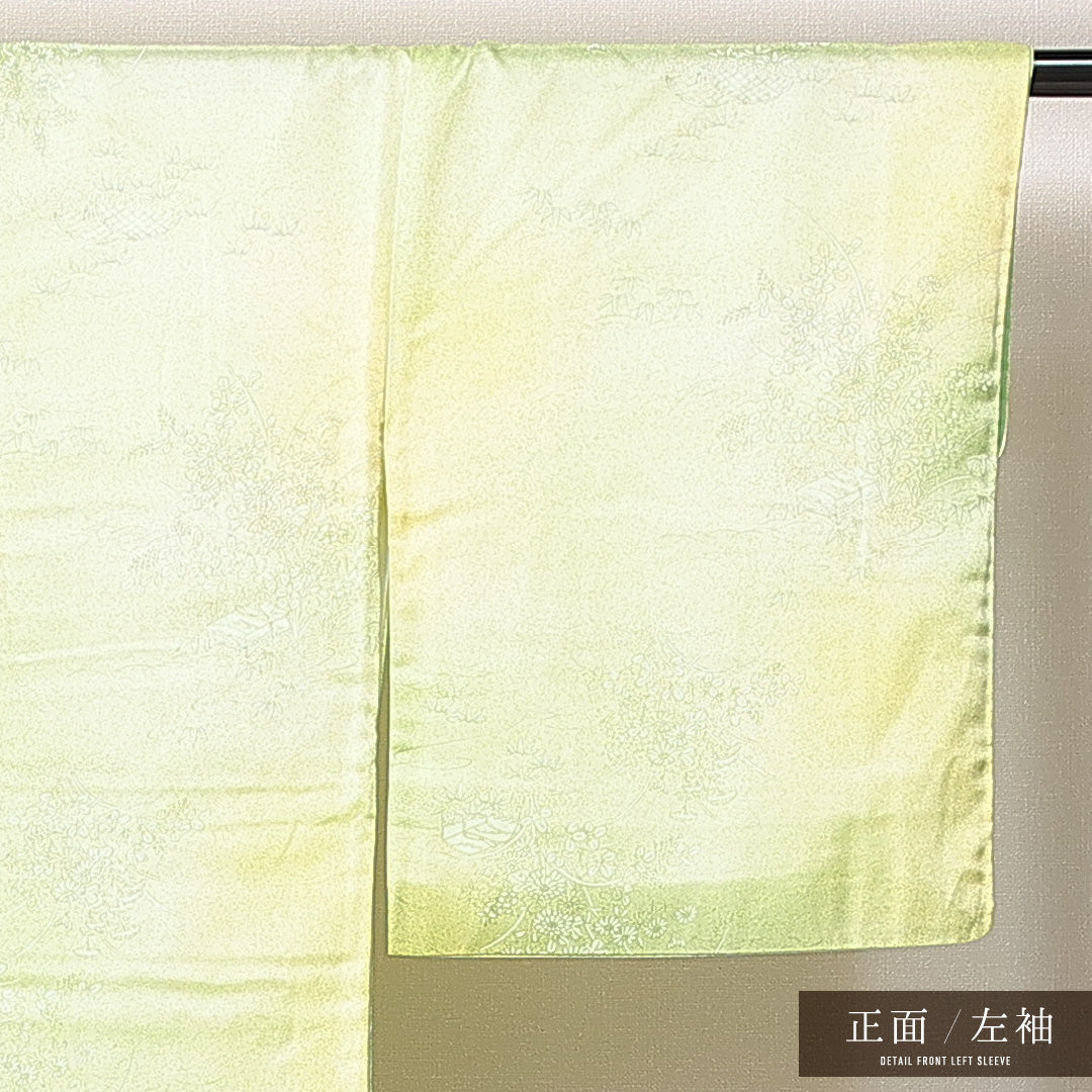 洗える着物 小紋 袷 身丈161cm 裄丈63cm ポリエステル Sランク インフォーマル 広衿 Lサイズ 花柄 緑系 RP 1221-14924