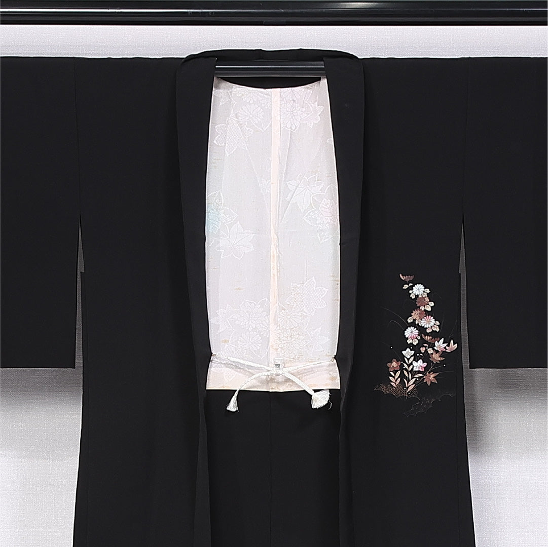 黒羽織 袷 身丈78cm 裄丈64cm 正絹 Aランク インフォーマル Mサイズ 紐あり 桜 柏 黒系 RP 1233-11132