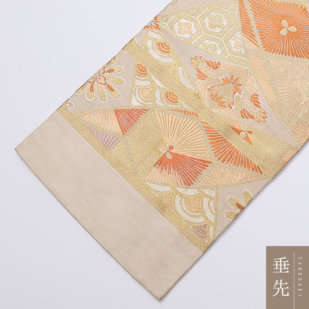 アンティーク 丸帯 帯丈400cm 正絹 全通 七宝 古典柄 クリーム系 1242-00894