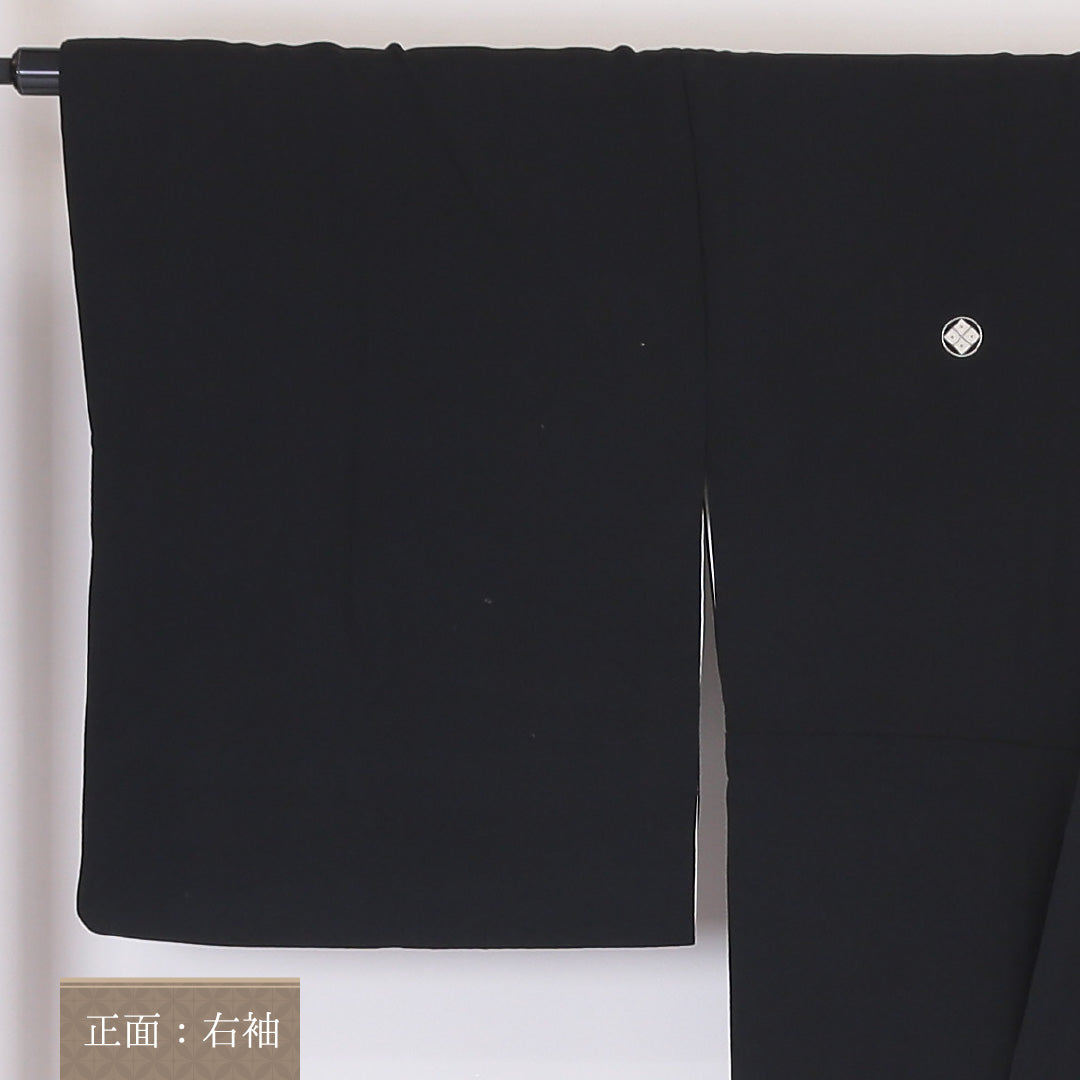 黒留袖 五つ紋 丸に四ツ目菱 身丈164cm 裄丈67cm Sランク 正絹 袷 比翼 広衿 L 道長取り 扇 フォーマル 黒系 1211-F0209