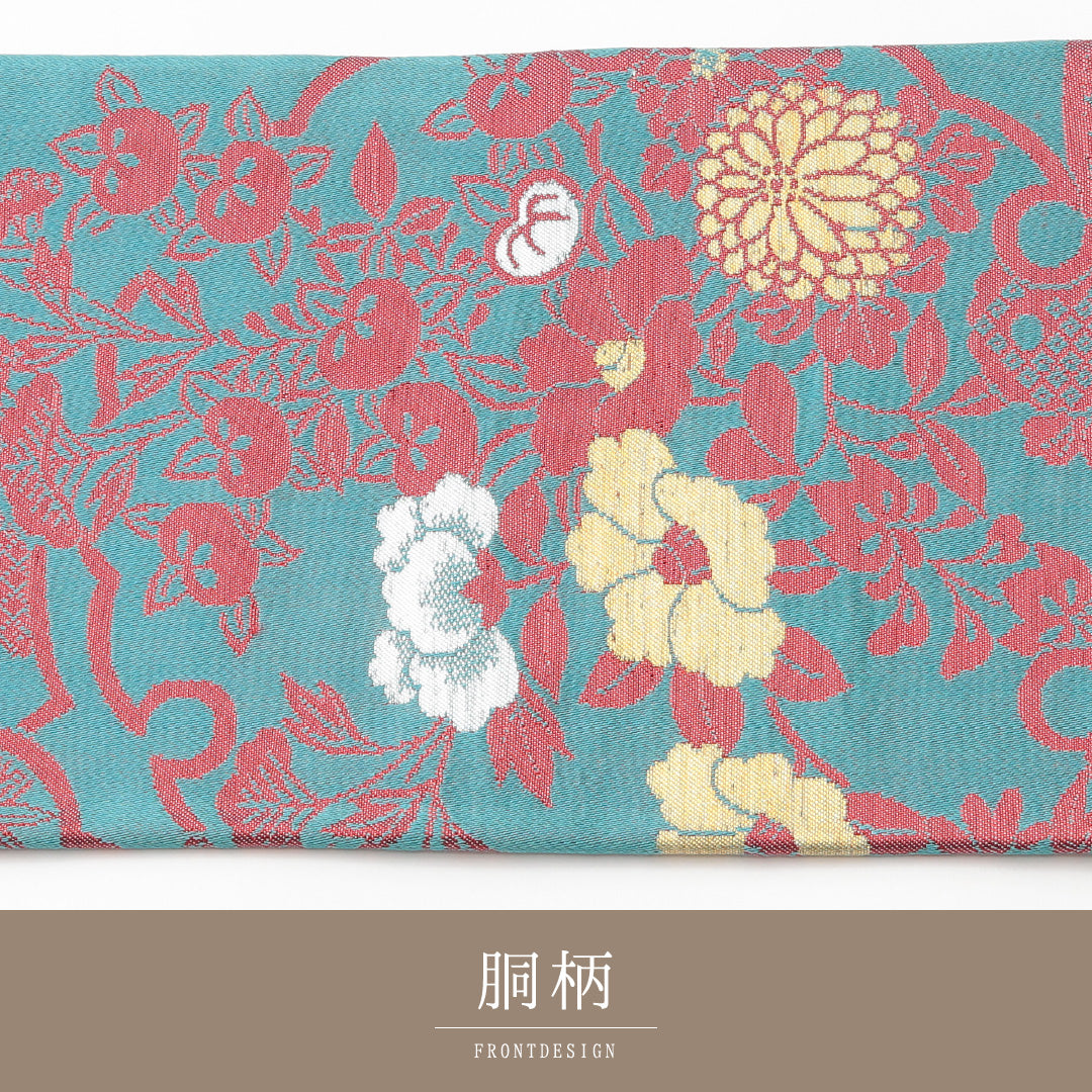 アンティーク 名古屋帯 六通 帯丈330cm Aランク 正絹 吉祥文様 四季草花 雪輪 緑系 1224-02132